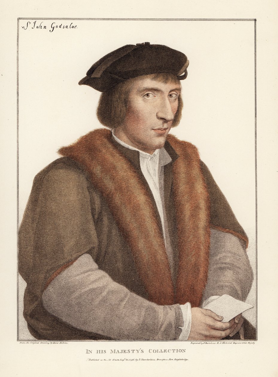 Sir John Godsalve, aus Norwich, Norfolk, englischer Politiker (gest. 1556). Handkolorierter Kupferstich von Francis Bartolozzi nach Hans Holbein aus Facsimiles of Original Drawings by Hans Holbein, Hamilton, Adams, London von Unbekannter Künstler