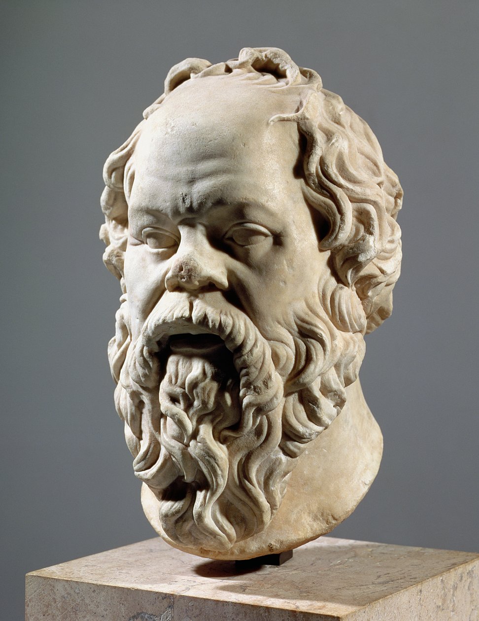 Sokrates, Marmorkopf, Kopie von einer Bronze aus dem Pompeion in Athen, hergestellt von Lysippus, klassisch griechisch, ca. 330 v. Chr. von Unbekannt