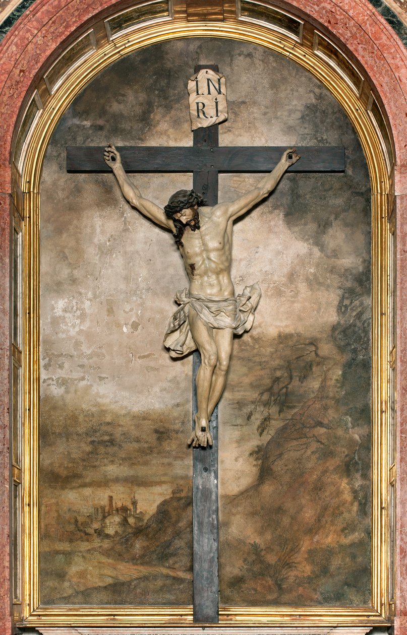 Südliches Querschiff, Altar des Kruzifixes, Angelo Nani und Carlo Natali 1641, Holz-Kruzifix von Giacomo Bertesi 1687, Kathedrale Santa Maria Assunta, Kathedrale, Cremona, Lombardei, Italien von Unbekannt