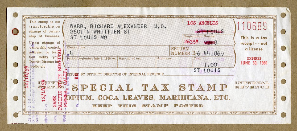 Sondersteuerstempel für medizinisches Opium, Kokablätter und Marihuana von Unbekannt