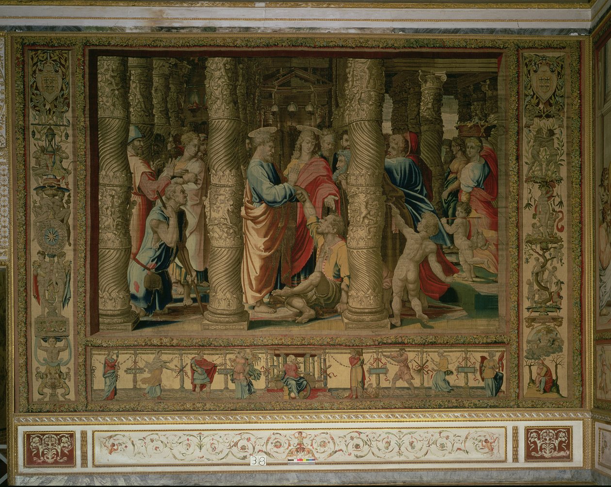 St. Peter und St. Johannes heilen einen Krüppel am Tor des Tempels, aus den Brüsseler Wandteppichen, Repliken der Vatikan-Kartons der Apostelgeschichte von Raphael von Unbekannt