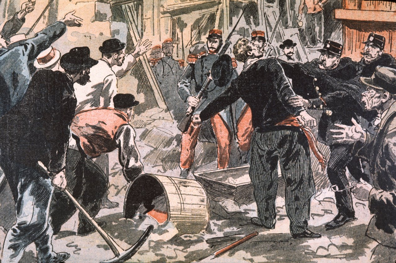Kampf zwischen bretonischen Streikenden und Ordnungskräften auf einer Baustelle, Paris, frühes 20. Jahrhundert (Gravur) von Unbekannter Künstler