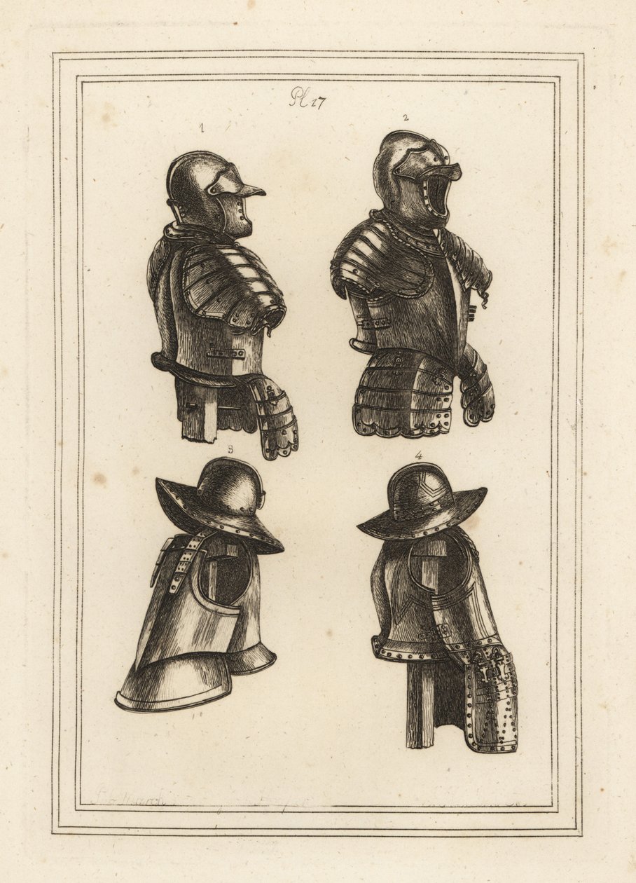 Rüstung mit Lanzenhalter, offener Helm, Arkebusenrüstung und Arkebusenrüstung mit langen Oberschenkelschienen von Unbekannt