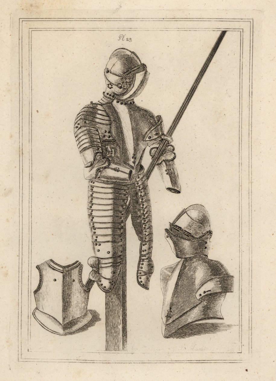 Turnierrüstung mit großem Schutz und Lanzenhalter aus dem Tower of London 1, Helm und großer Schutz 2, Bruststück eines Kürasses 3 von Unbekannt