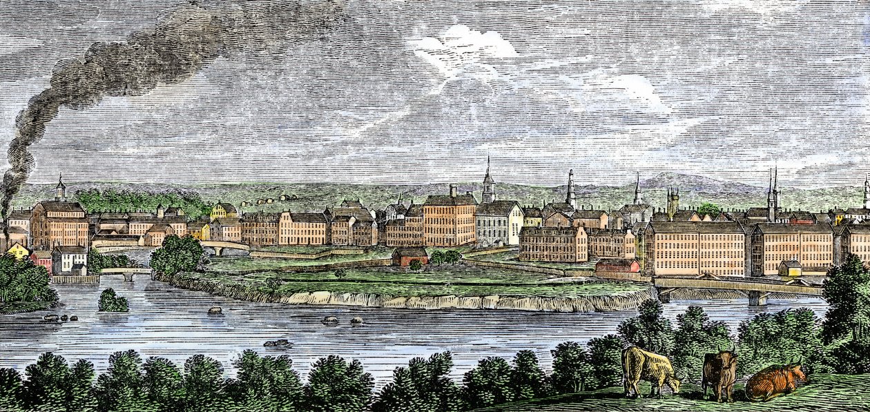 Textilfabriken entlang der Flüsse Merrimack (Merrimac) und Concord, Lowell, Massachusetts, USA in den 1830er Jahren. Farbiger Stich des 19. Jahrhunderts von Unbekannter Künstler