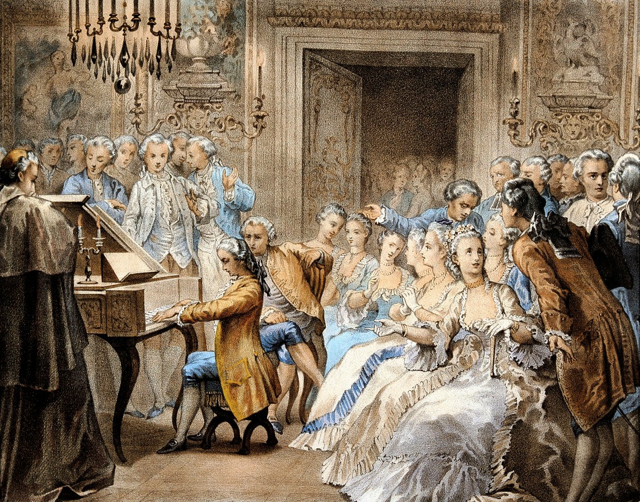Der österreichische Komponist Wolfgang Amadeus Mozart (1756-1791) im Alter von 14 Jahren, wie er Gregorio Allegris „Miserere“ aus dem Gedächtnis nachspielt von Unbekannter Künstler