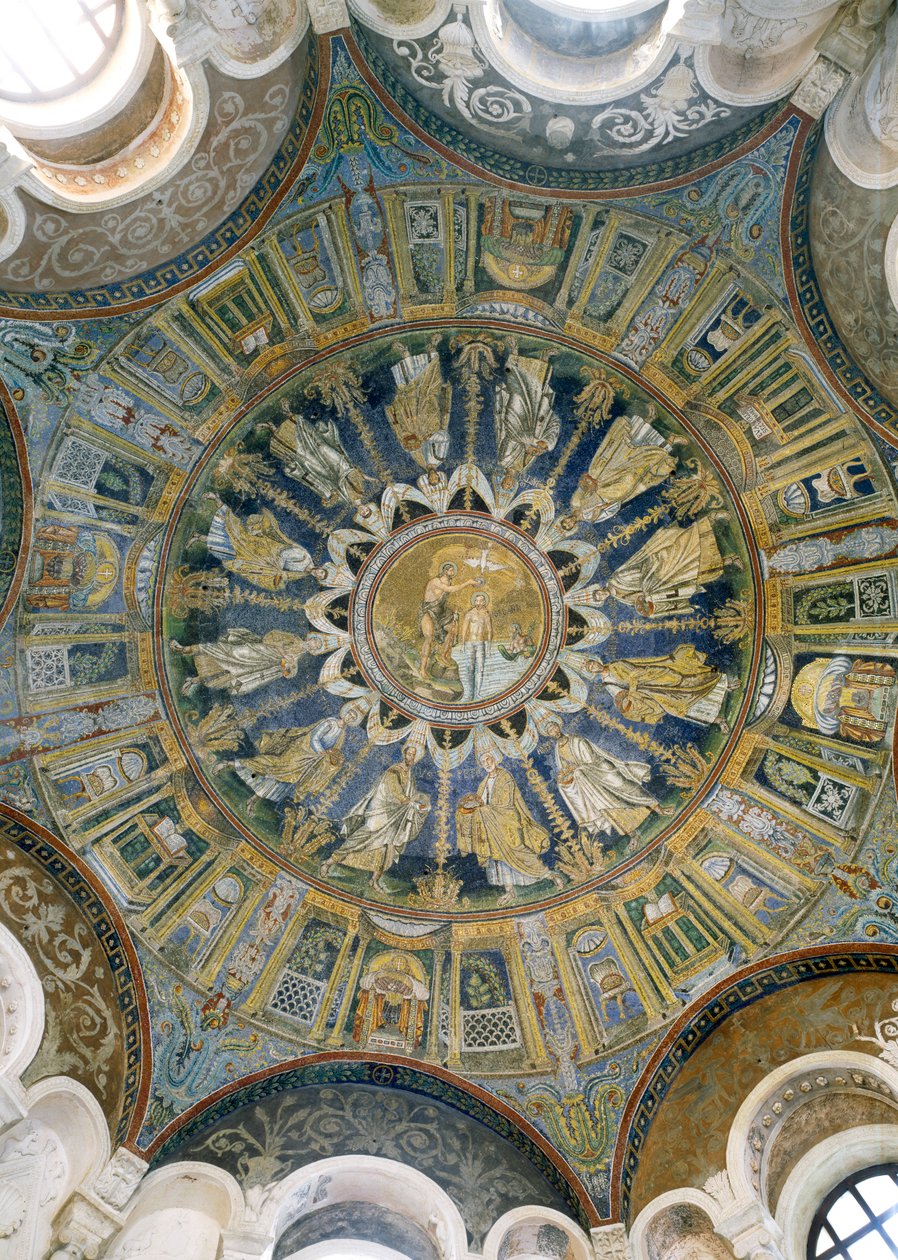 Die Taufe Christi, umgeben von den Aposteln, aus dem Gewölbe der zentralen Kuppel, 5. Jahrhundert von Unbekannt