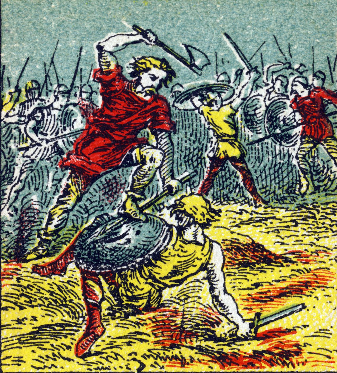 Die Schlacht von Vouillé, in der Chlodwig I. die Westgoten besiegte (507) (Illustration aus „Histoire de France“) von Unbekannt