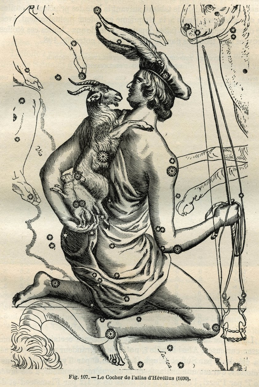 Der Wagen des Atlas von Hevelius (1690): Das Sternbild des Wagens, das in der rechten Hand eine Peitsche und Zügel hält und auf dem linken Arm die Ziege und zwei Zicklein, ist eines der ältesten in der griechischen Sphäre. Gravur aus Camille Flammarions „L von Unbekannt