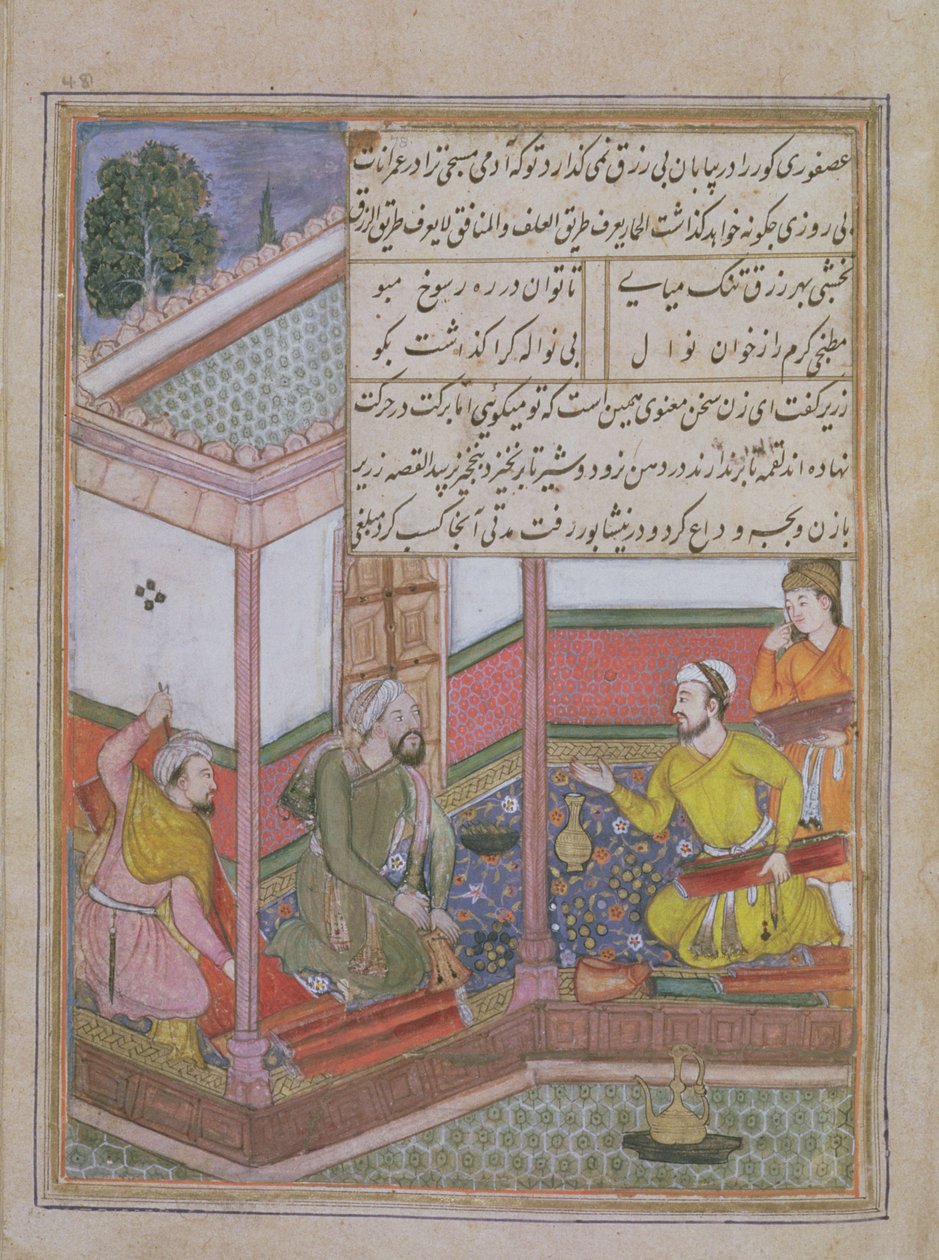 Die siebenundzwanzigste Nacht: Zarir und zwei andere Weber verkaufen Stoff an einen Mann mit einer Geldbörse, aus Tuti Nama (Tutiname) ca. 1580 von Unbekannt