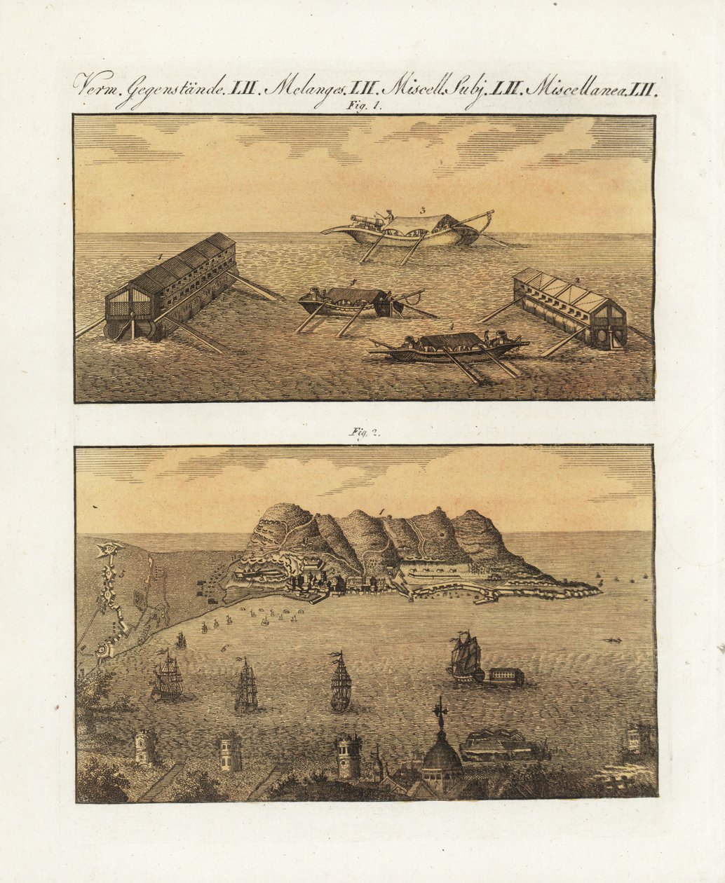 Die schwimmenden Batterien der britischen Armee in Gibraltar im Jahr 1782. Eine 210-Kanonen-Barke auf zwei Ebenen und eine weitere einstöckige Barke, entworfen vom französischen Ingenieur Arcon, um die Stadt zu bombardieren. Die schwimmenden Batterien der  von Unbekannter Künstler