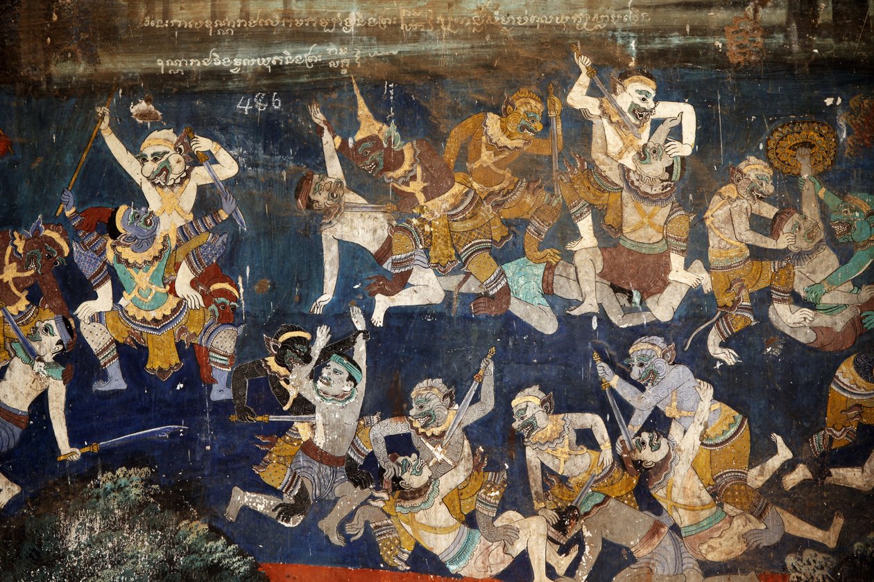 Das Innere der Silberpagode ist mit Wandgemälden bedeckt, die Geschichten aus dem Reamker darstellen, d.h. die Khmer-Version des klassischen indischen Epos, das Ramayana. Einige Abschnitte der Wandgemälde sind beschädigt und verwittert. Die Wandgemälde wur von Unbekannt