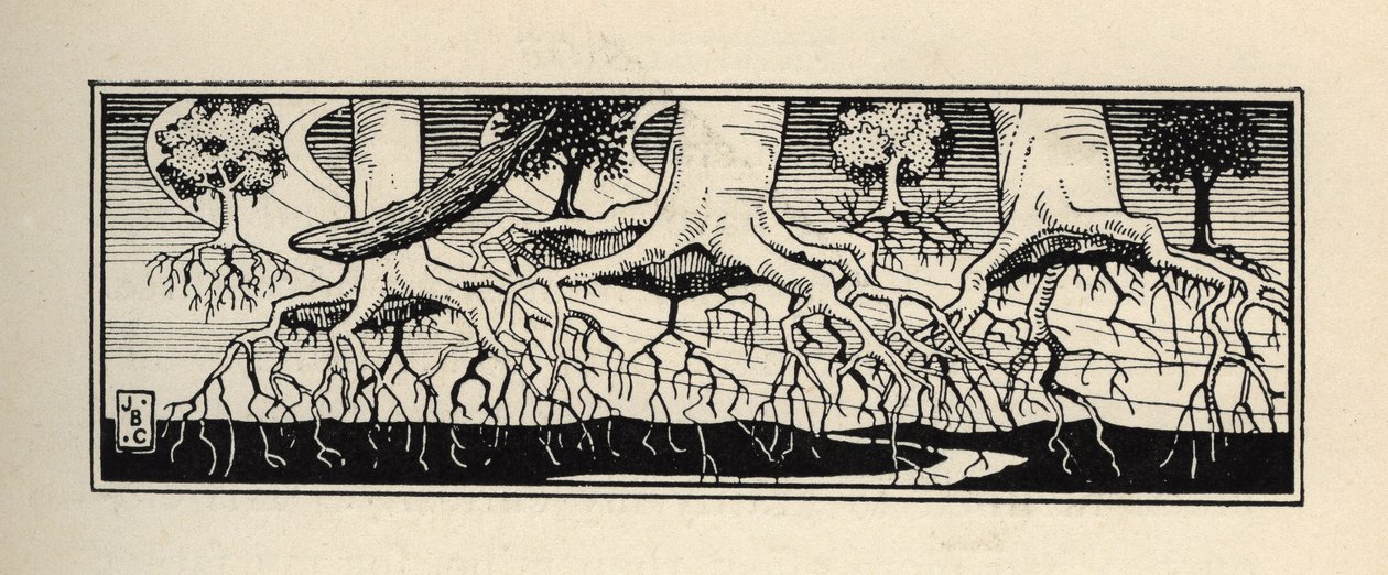 Bäume, die durch einen Sturm entwurzelt wurden, pflanzen ihre Wurzeln genau an der Stelle wieder ein, an der sie waren. Illustration von William Strang (1859-1921) und JB Clark aus „Die Abenteuer des Baron von Münchhausen“ von Rudolf Erich Raspe (1736-1794 von Unbekannt