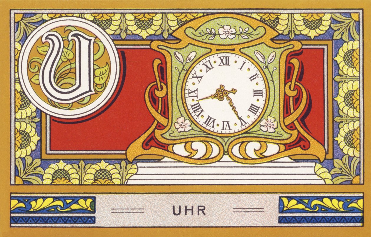 U : Uhr - Alphabet Palmin. Serie von Chromolithographien herausgegeben von H. Schlinck & Cie, Hamburg. Werbung für Palmin feinstes Kokosfett. von Unbekannter Künstler