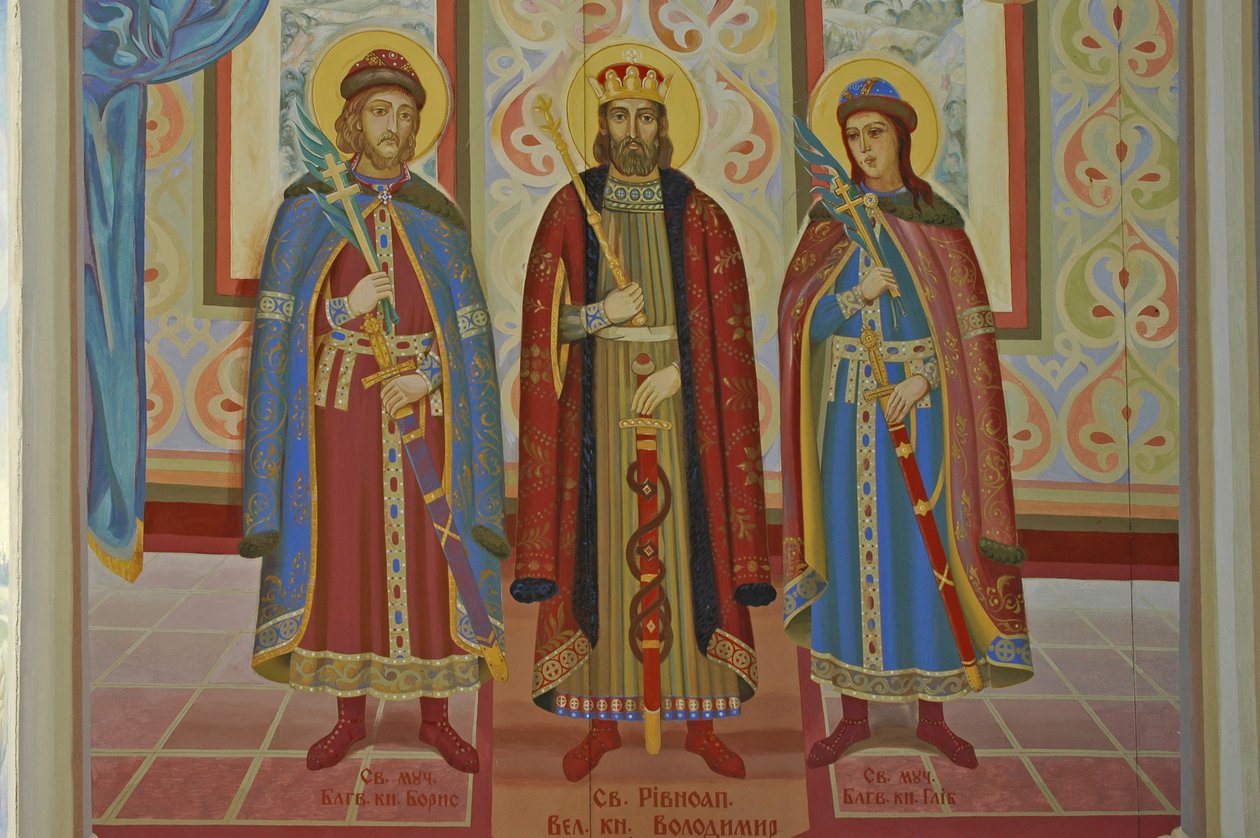 Ukraine, Kiew, St. Michaels Orthodoxes Kloster (ursprünglich 1108, rekonstruiert 2001), äußeres Fresko von Unbekannt