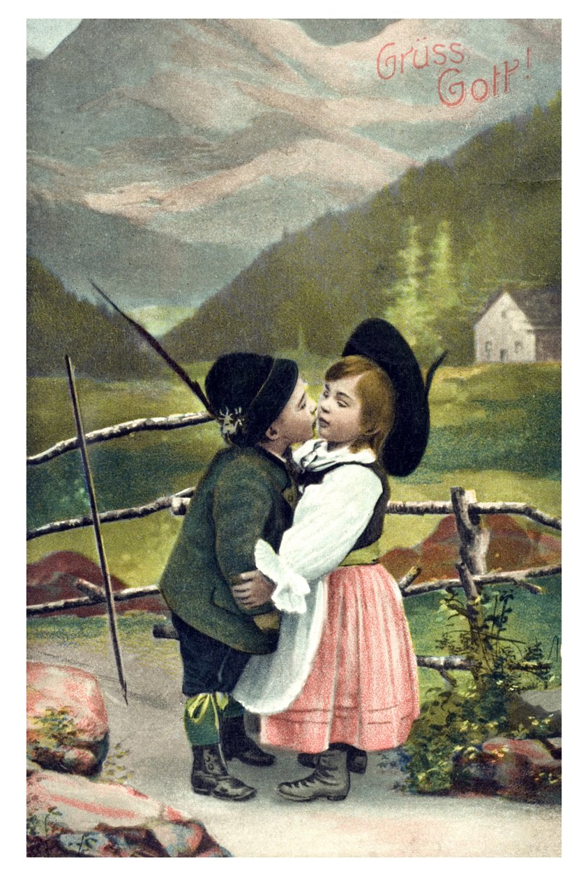 Valentinstagskarte „Grüß Gott“: Ein Paar bayerischer Kinder gibt sich einen Kuss von Unbekannter Künstler