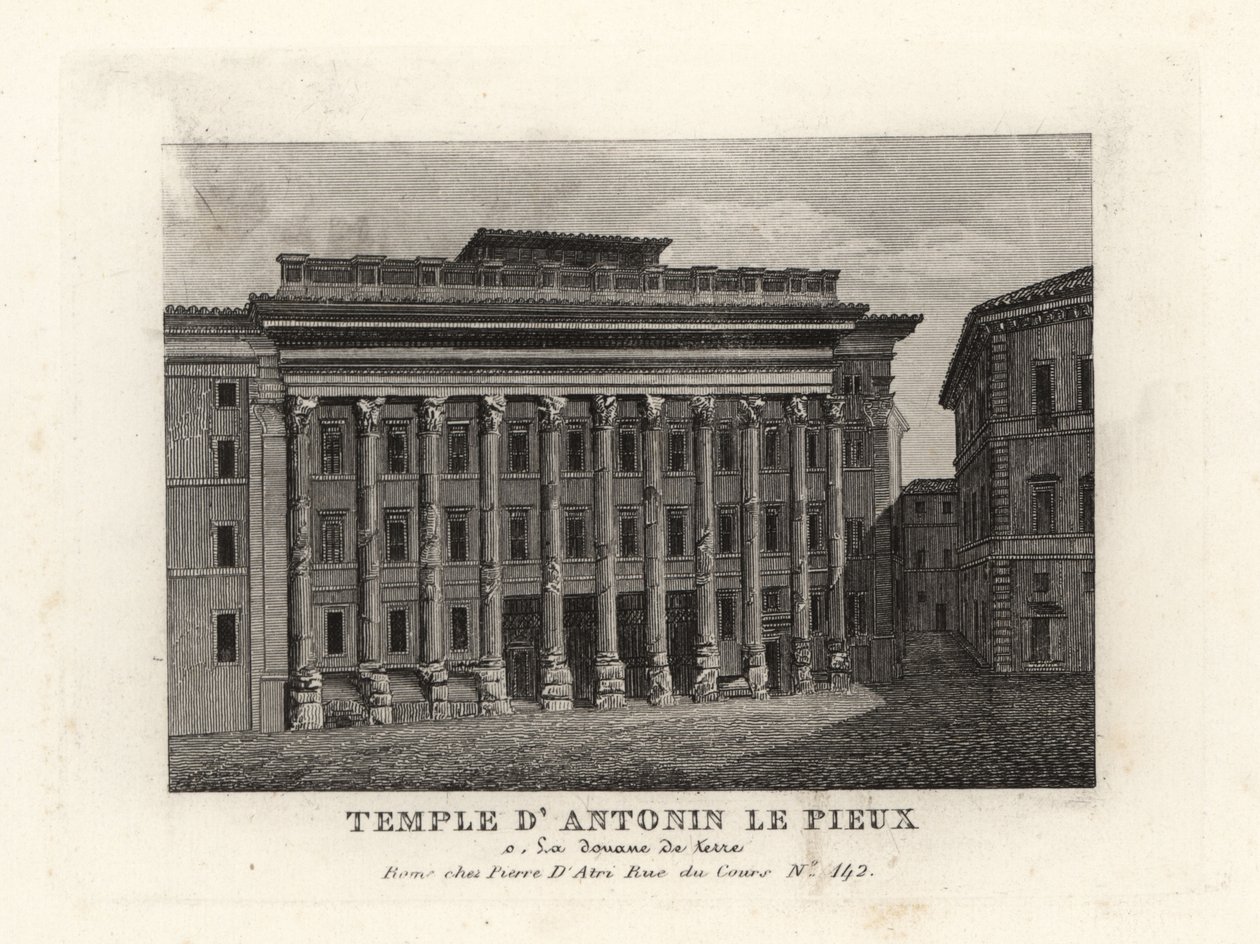 Ansicht des Hadrianstempels, Templum Divus Hadrianus, mit 11 Säulen, gewidmet von seinem Adoptivsohn Antoninus Pius, Tempel d