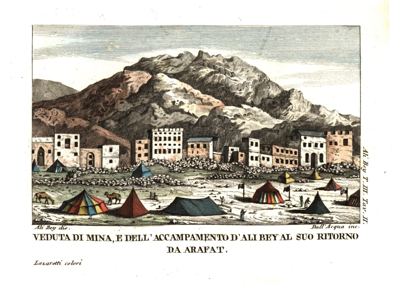 Ansicht des Dorfes Mina in der Wüste von Arafat (Zeltstadt, Mekka, Saudi-Arabien). Illustration von Ali Bey el Abbassi aus seinen Reisen in Marokko, Tripolis, Zypern, Ägypten, Arabien, Syrien und der Türkei, London 1816. Kupferstich von dell
