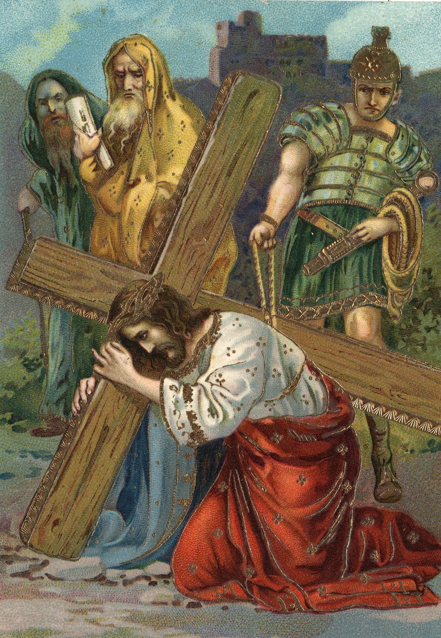 Kreuzweg - Via Crucis - Kreuzwegstationen: Siebte Station, Jesus fällt zum zweiten Mal. Chromolithografie. Private Sammlung von William M. Timlin