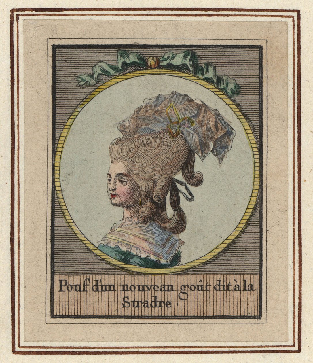 Frau in einem neuen Stil von Pouf namens Stradre. Pouf mit einem neuen Geschmack namens Stradre. Handkolorierter Kupferstich von einem unbekannten Künstler aus einem Album modischer Frisuren von 1783, Suite des Coeffures à la Mode en 1783, Enauts et Rapill von Unbekannter Künstler