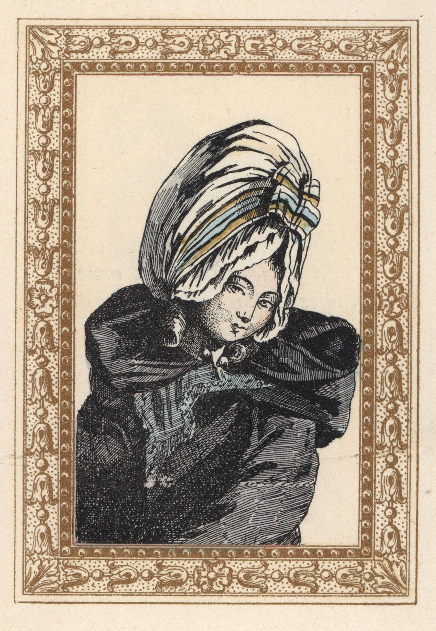 Frau in einem Nachtumhang und großem Voluptuese-Hut. Nachtfrisur, hat die Voluptuöse. Handkolorierte Lithographie von de Laubadere aus Octave Uzane