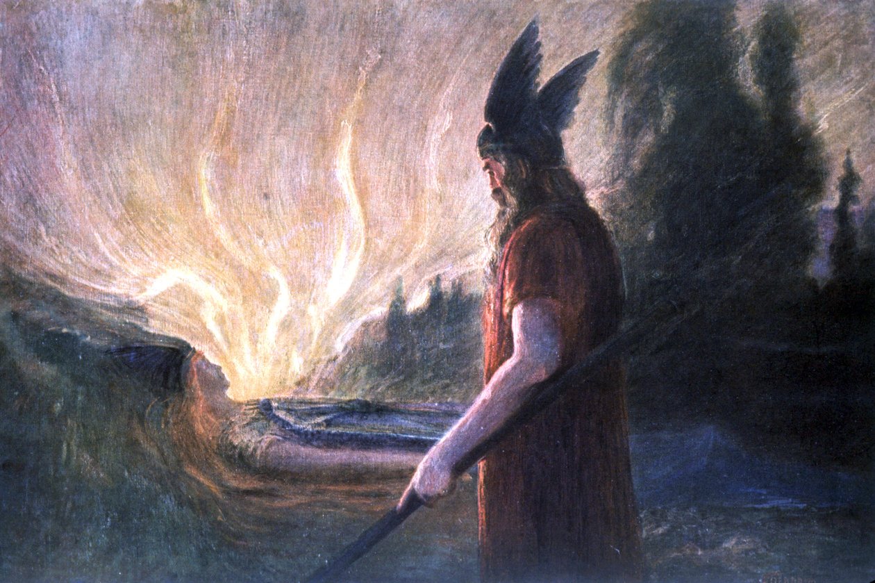 Wotan vor Brunnhildes Scheiterhaufen, frühes 20. Jahrhundert (Postkarte) von Unbekannter Künstler