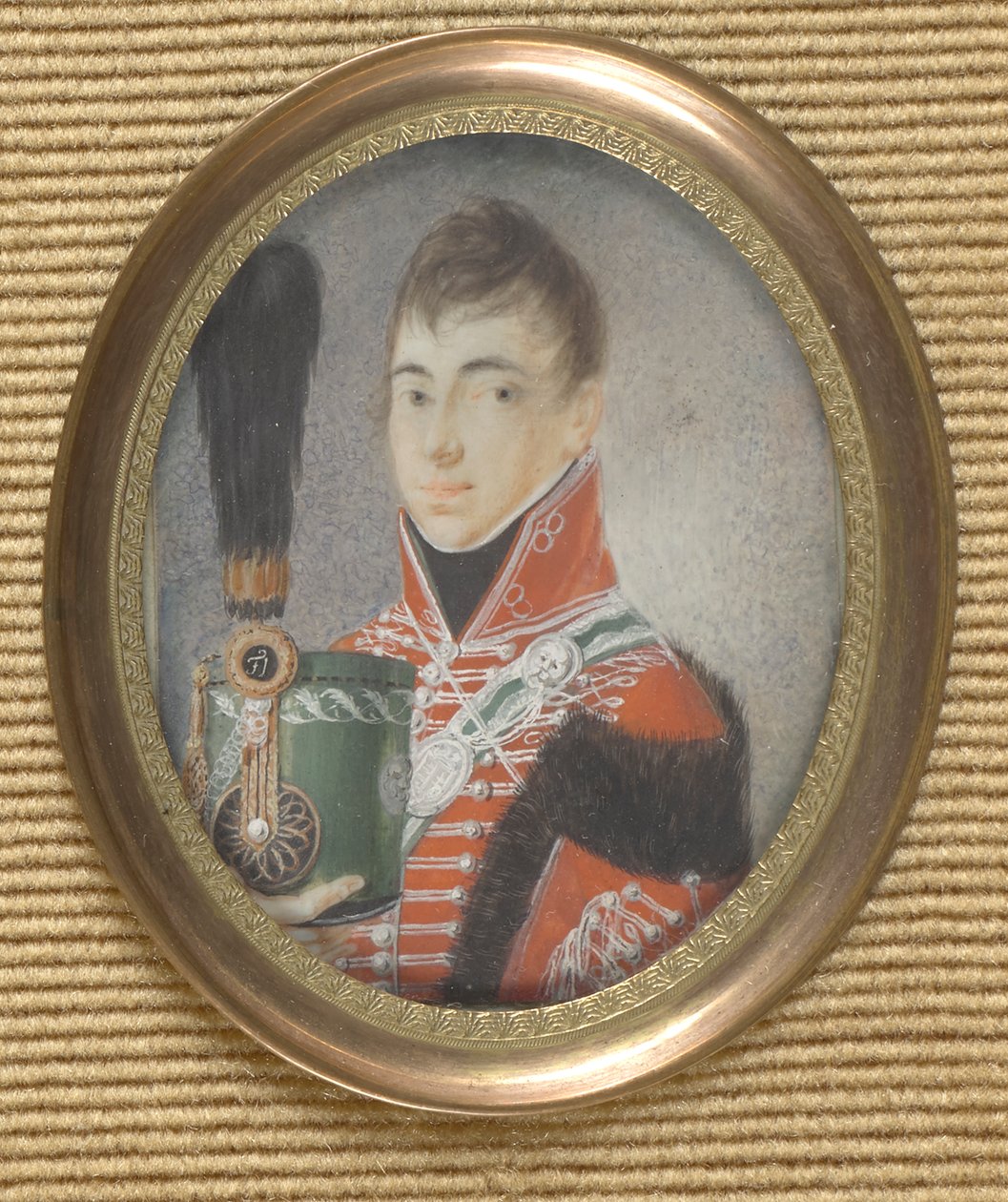 Österreichischer Offizier mit Mütze und Federbusch in der Hand von Unbekannter Künstler