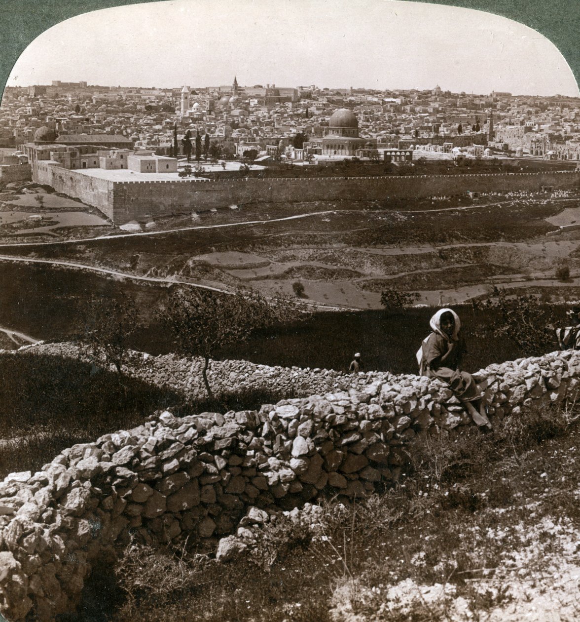Jerusalem, gesehen vom Südosten, zeigt den Standort des Tempels, Palästina von Underwood and Underwood