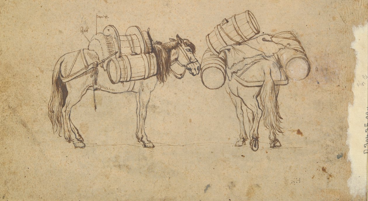 Ansicht am Tiber nahe der Ripa Grande, Rom (recto); Studie für zwei Pferde, die Fässer tragen (verso) von Unknown
