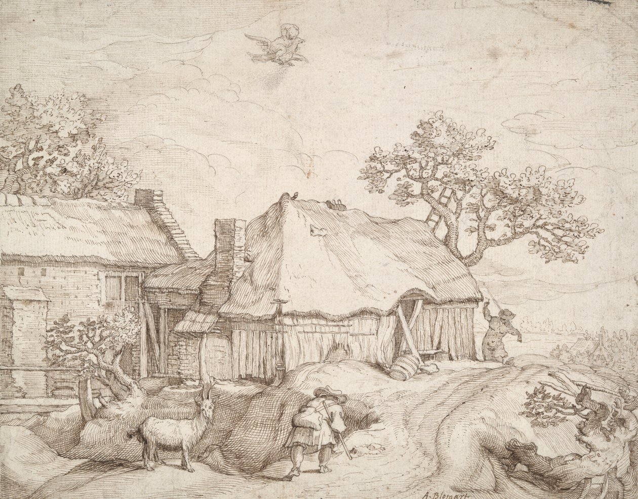Bauernhäuser mit Bauern, einer Ziege und der Entführung des Ganymed von Unknown