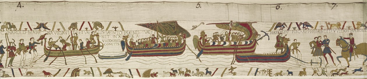 Harold überquert den Kanal in das Gebiet von Guy, Graf von Ponthieu, wo er gefangen genommen wird, Bayeux-Tapete von Unknown