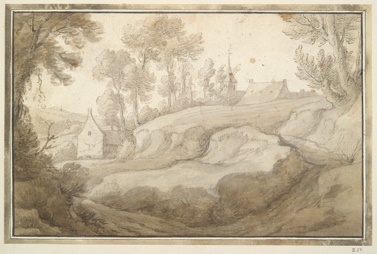 Hügelige Landschaft mit Haus und Kirche in mittlerer Entfernung von Unknown