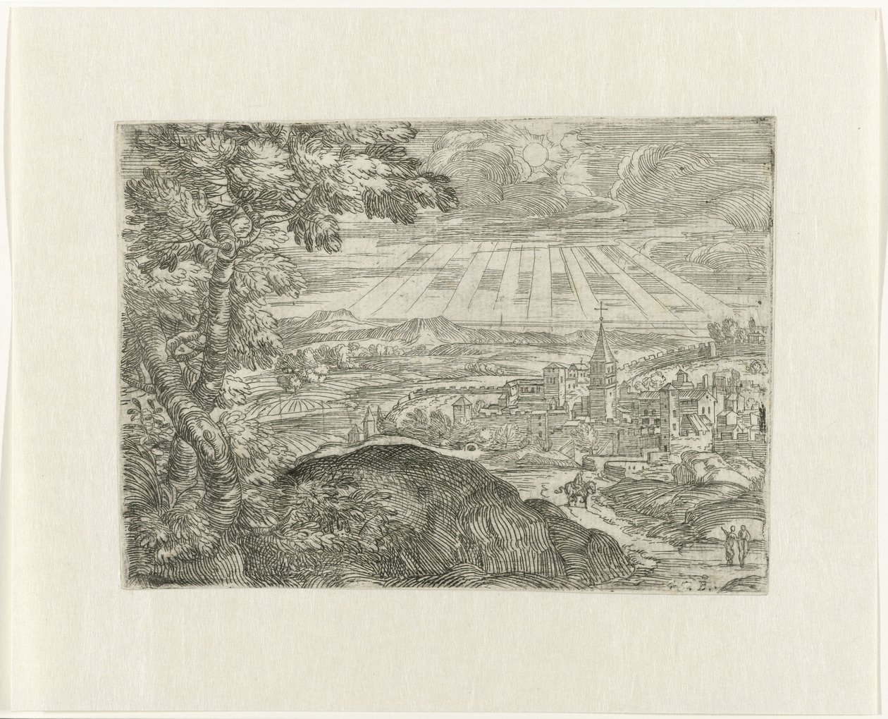 Landschaft mit Stadtansicht und strahlender Sonne von Unknown
