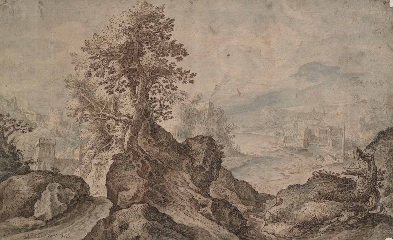 Felsige Landschaft mit Städten in der Ferne von Unknown