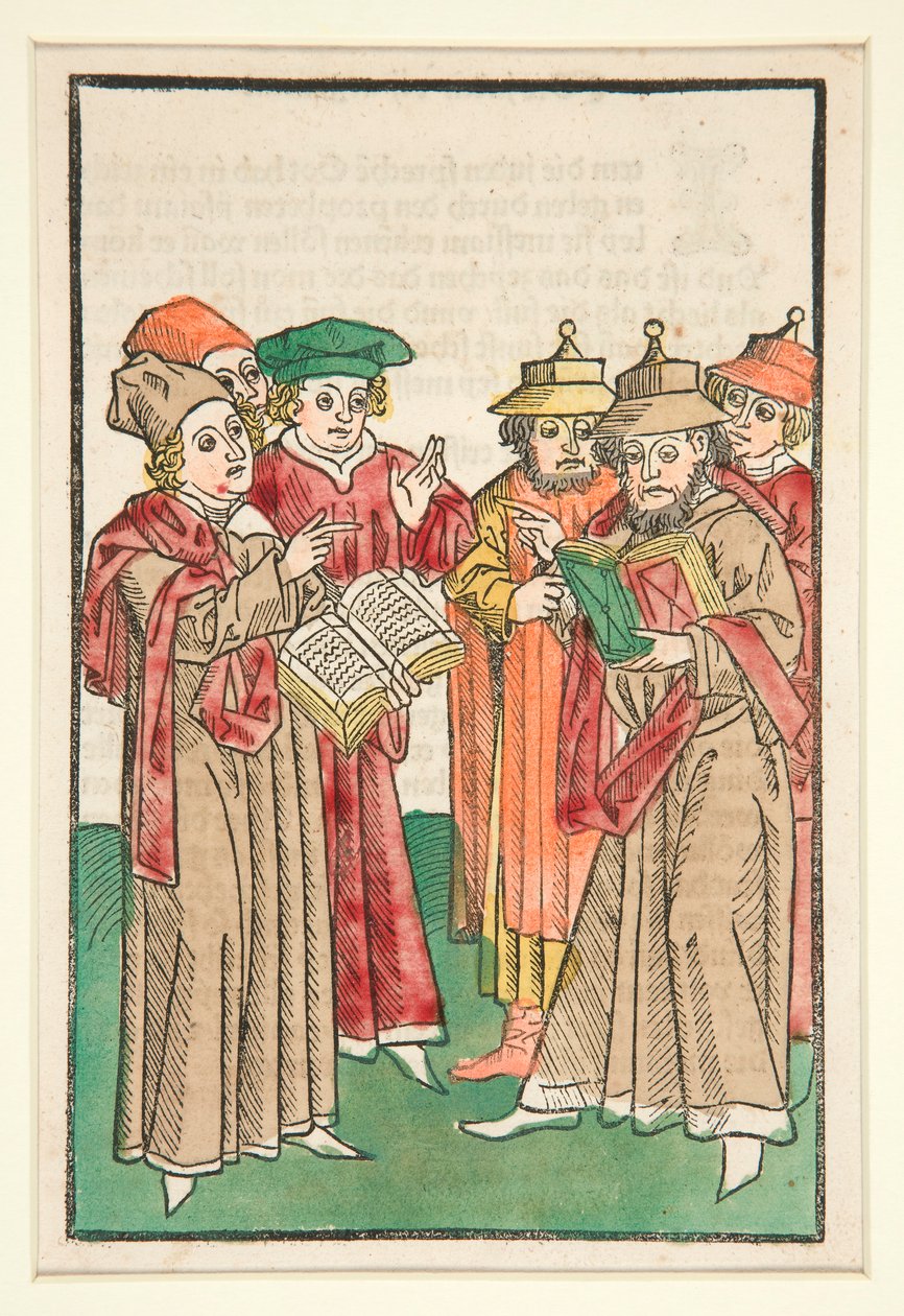 Drei christliche und drei jüdische Gelehrte im Streit, Illustration aus Der Seelen-Wurzgarten von Unknown