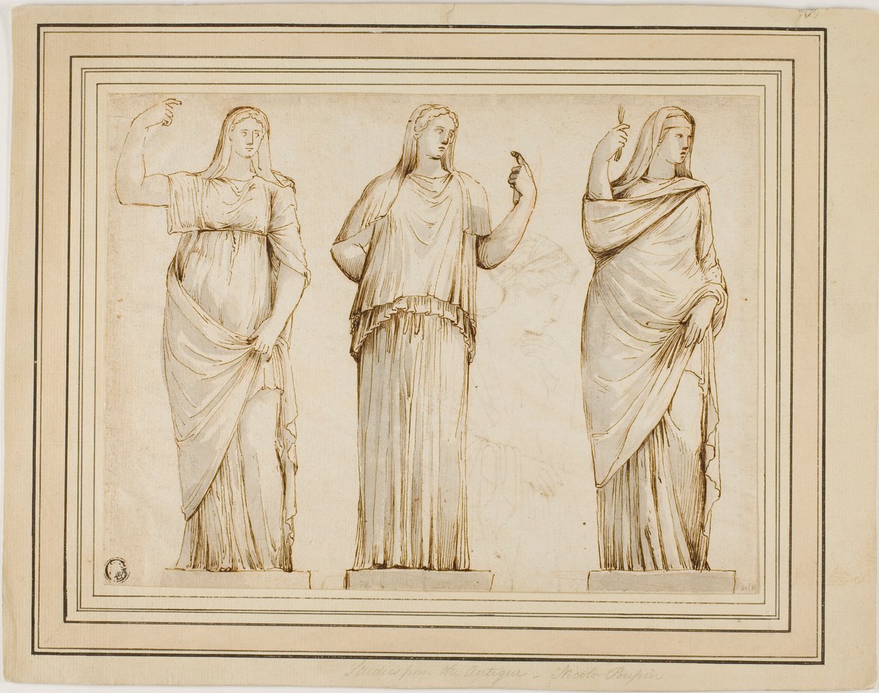 Drei römische Statuen von drapierten weiblichen Figuren und Skizze einer weiteren Statue im Profil nach rechts von Unknown