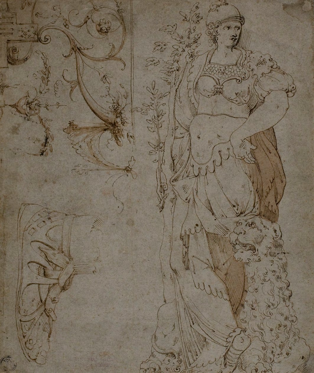 Drei Skizzen: Tapferkeit, eine Sandale und Grotesken (recto); Skizzen von Grotesken und römischer Kürass (verso) von Unknown