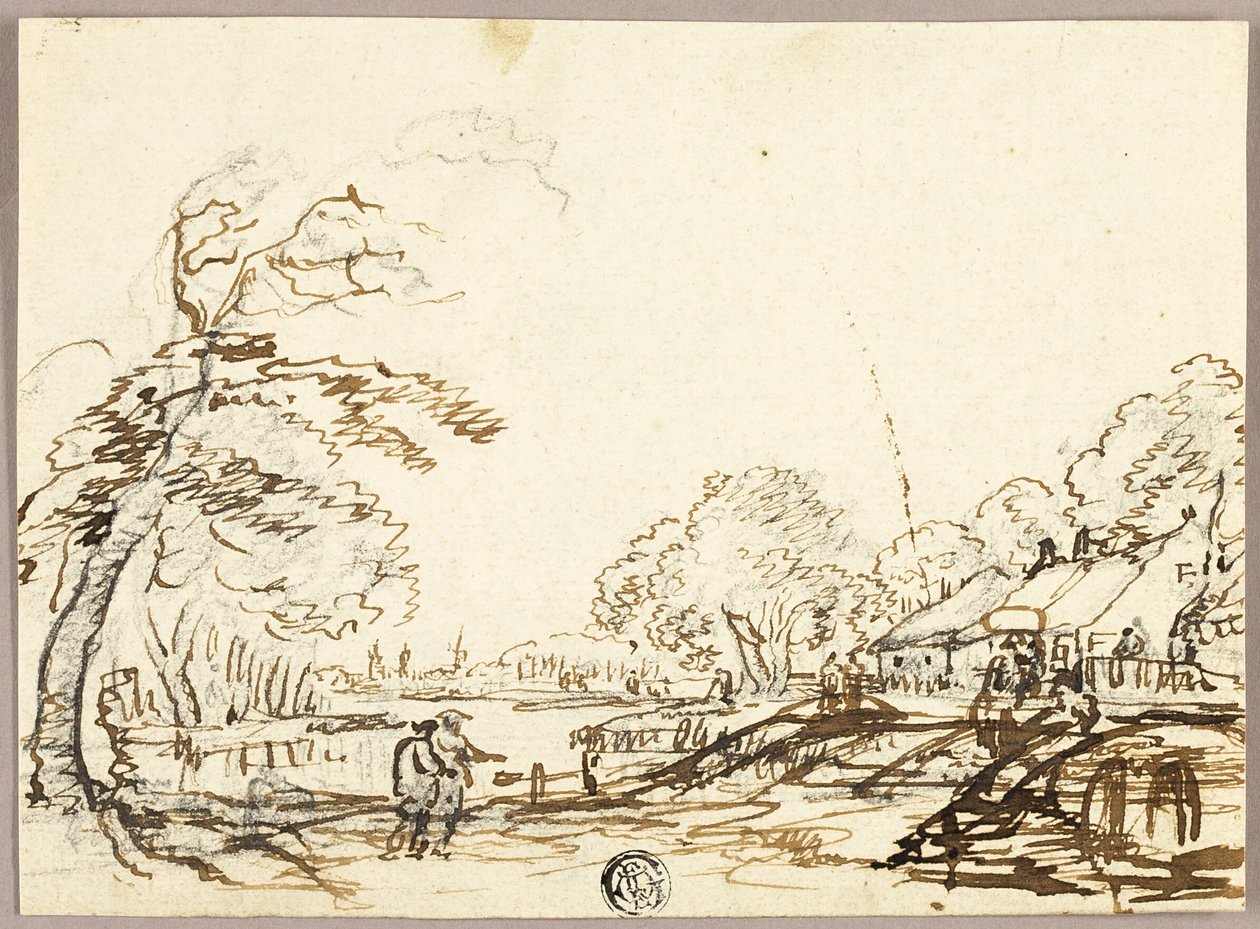 Zwei Figuren am Fluss nahe Brücken und Häusern (recto); Zwei Figuren auf Brücke schauen auf Mann im Kahn (verso) von Unknown