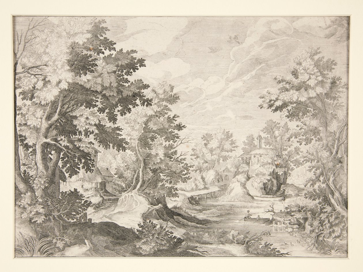 Ohne Titel (Landschaft mit Figuren in einem Boot im Vordergrund) von Unknown