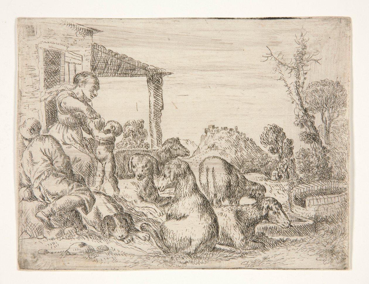 Bauernfamilie mit Hunden und Lämmern in einer Landschaft von Unknown