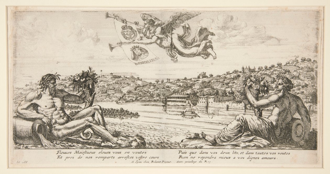 Ansicht einer Stadt mit zwei liegenden Flussgöttern und Ruhm, der oben mit zwei Wappen trompetet von Unknown