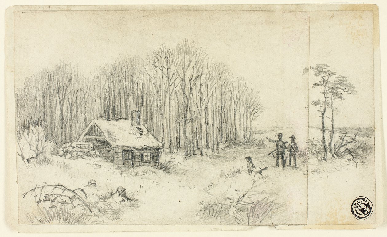 Waldhütte mit herannahenden Jägern von Unknown