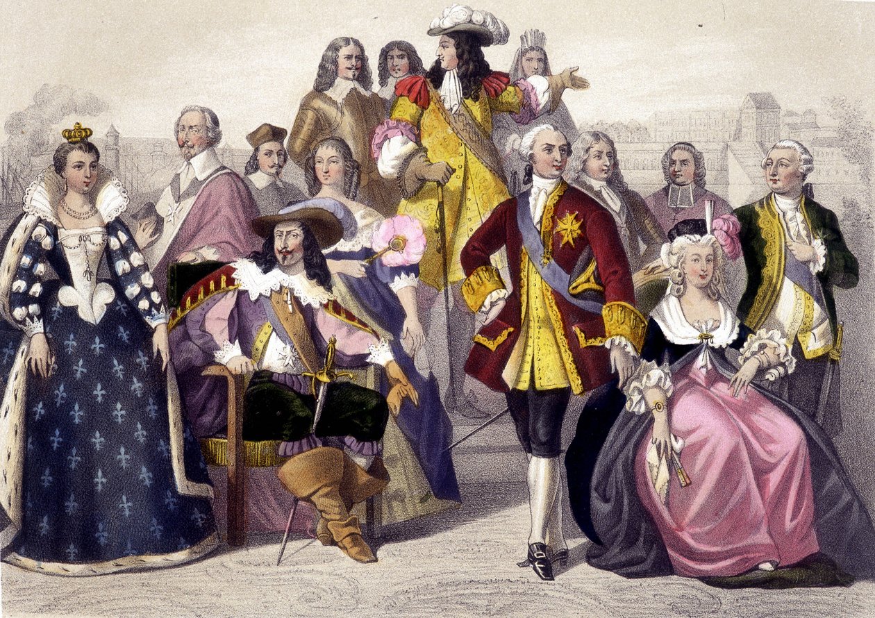 1610 bis 1774. Marie de Medici, Ludwig XIII, Ludwig XV, Marie Antoinette und Ludwig XVI. Gravur des 19. Jahrhunderts. von Unknown artist