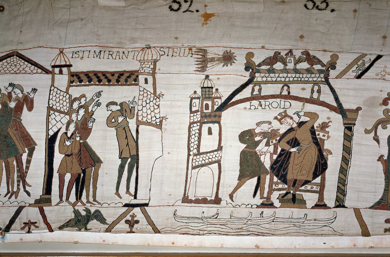 32: Das Erscheinen des Kometen; 33: Ein Bote warnt König Harold II. (1022-1066) - Bayeux-Tapete, bekannt als Stickerei der Königin Mathilde von Unknown artist