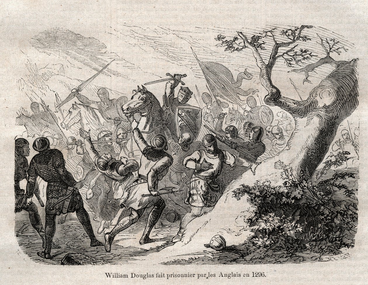 Verhaftung von Sir William Douglas „der Harte“ (der Kühne), Lord von Douglas (1243 - 1298) im Jahr 1296 - Gravur in „Dictionnaire populaire illustrious“ - 1864 - von Joseph Decembre und Edmond Allonier - von Unknown artist