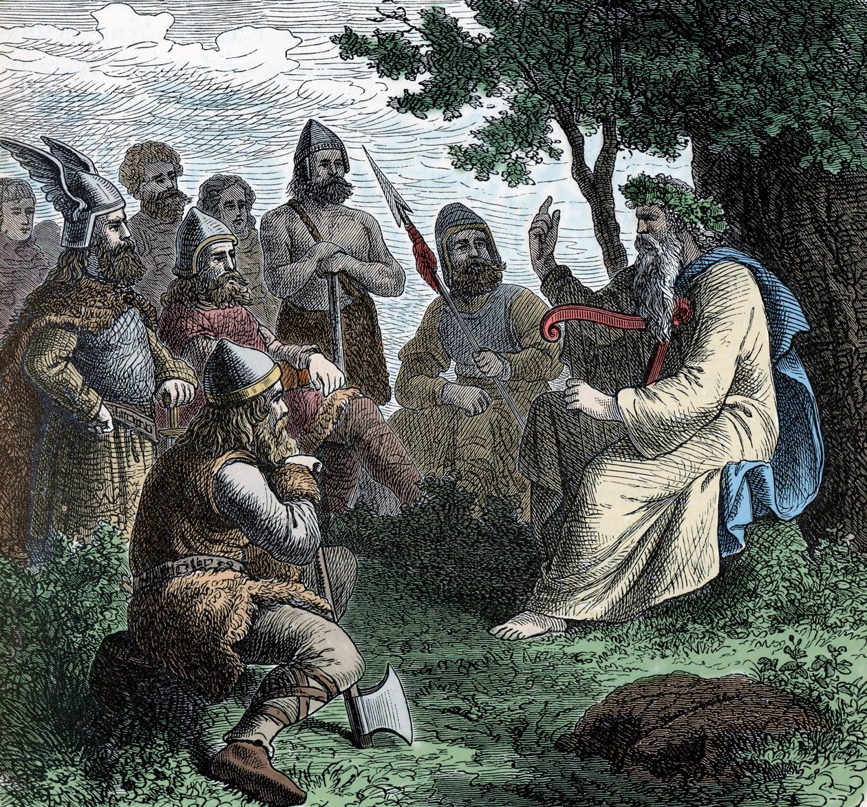 Ein Barde rezitiert vor Nordmännern - Wikingerzivilisation: Ein Barde Druide rezitiert Poesie für Krieger, 8.-9. Jahrhundert von Unknown artist