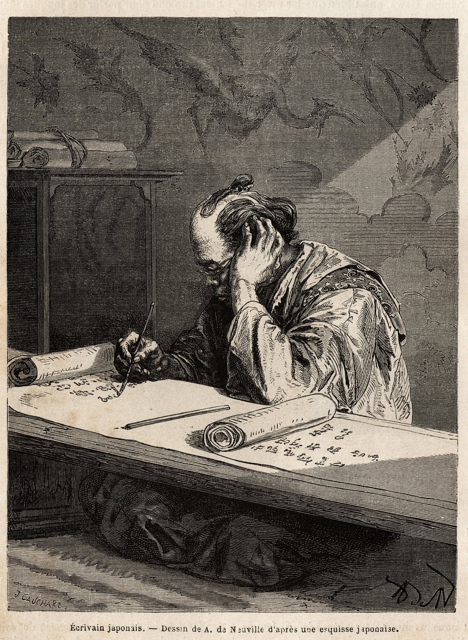Ein japanischer Schriftsteller an seinem Arbeitstisch, der einen Text auf einer langen Rolle redigiert, die er je nach Fortschritt seiner Aufgabe auf- oder abrollt. Illustration der Reise nach Japan, 1863-1864, von Aime Humbert, Minister der Schweizerisc von Unknown artist