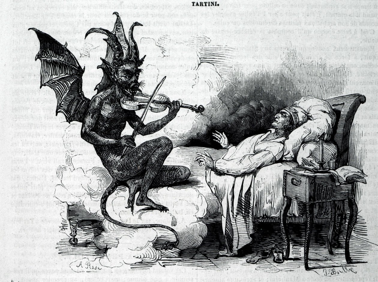 Ein Satyr spielt Geige vor Giuseppe Tartini (1692 - 1770), italienischer Komponist, Geiger und Theoretiker. Gravur aus dem 19. Jahrhundert. von Unknown artist