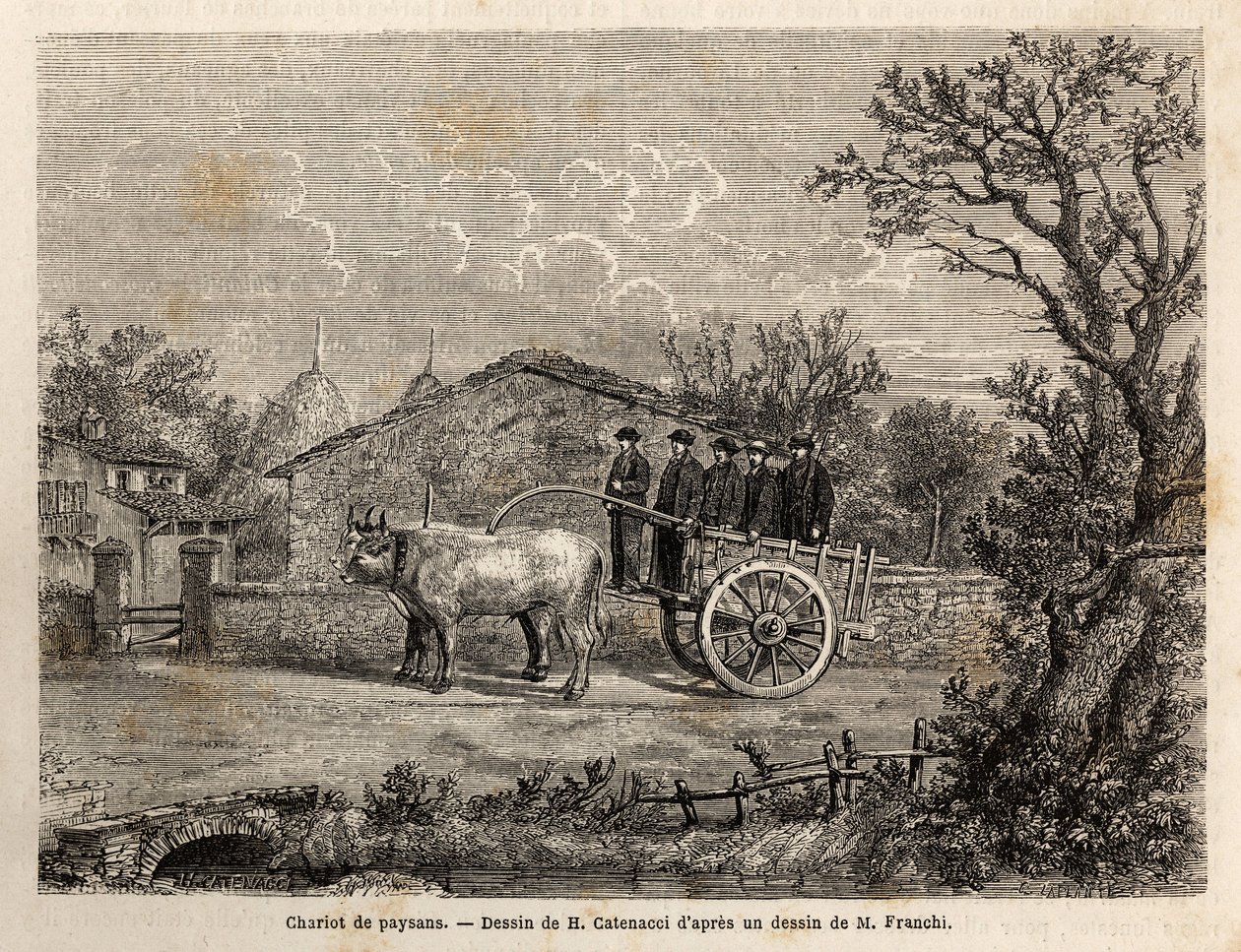 Ein sienesischer Bauernkarren, mit zwei Rädern, für den Transport von Weinfässern, gezogen von einem Paar kleiner weißer Ochsen. Gravur zur Illustration einer Reise nach Siena (Italien) im Jahr 1865, in „Le tour du monde, nouveau journal des voyages“ herau von Unknown artist