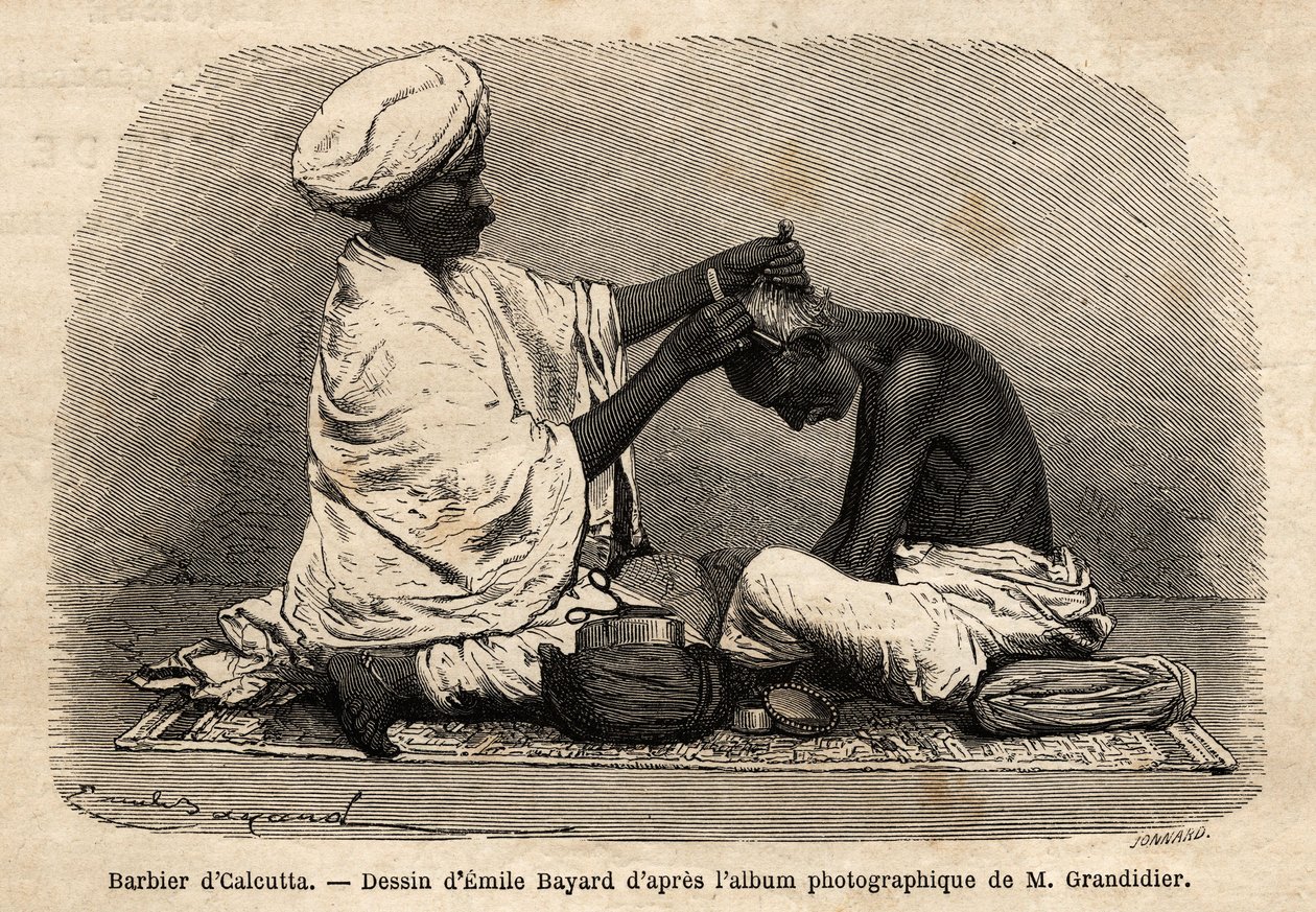 Ein Barbier arbeitet auf den Straßen von Kalkutta. Gravur zur Illustration der Reise in die südlichen Provinzen Indiens, von Alfred Grandidier, 1862-1864, veröffentlicht in „Le tour du monde“, herausgegeben von Edouard Charton, Edition Hachette, Paris von Unknown artist
